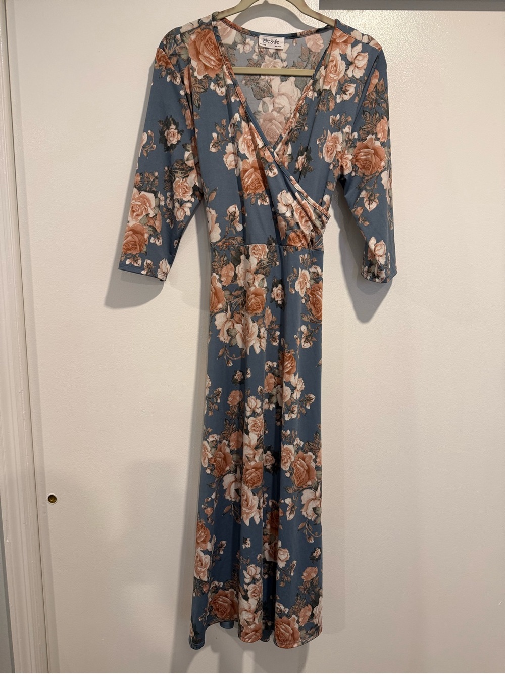 Love Sadie Dusty Blue Floral Wrap Maxi Dress with Rust and Cream Blooms 2XL